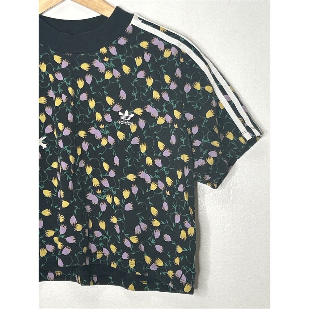 Adidas Allover Print Crop Top Women’s Large Floral Black Purple Sport Athleisure - Picture 3 of 6